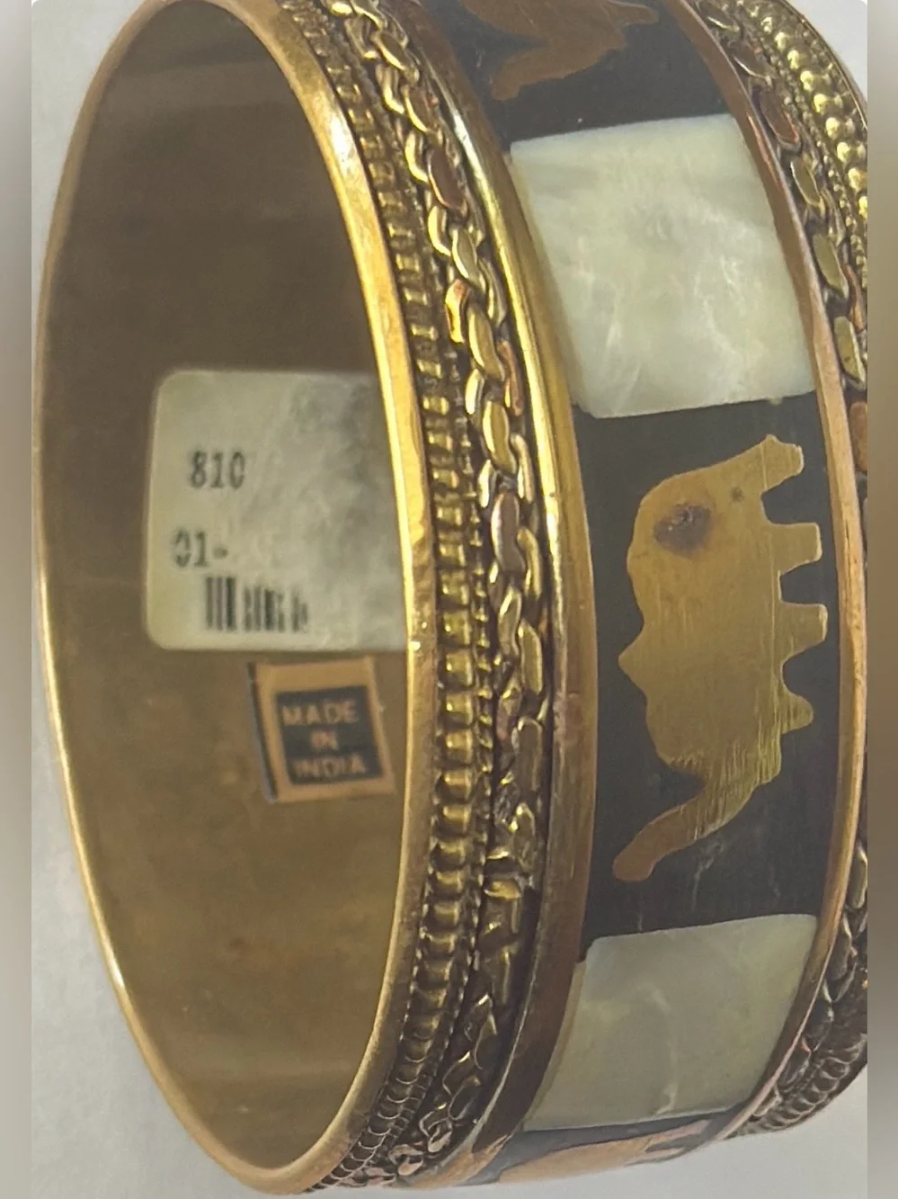 Vintage Brass Elephant & Mother of Pearl Inlay Bangle Bracelet